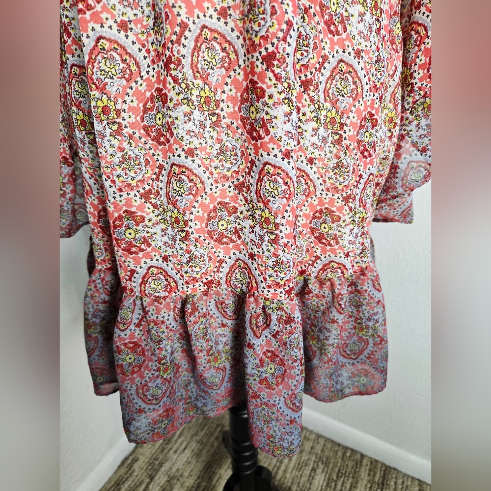 Betsey Johnson Pink & Red Paisley Dress, Long Bell Sleeves, Ruffled Hem, Sz 6 - Picture 6 of 14